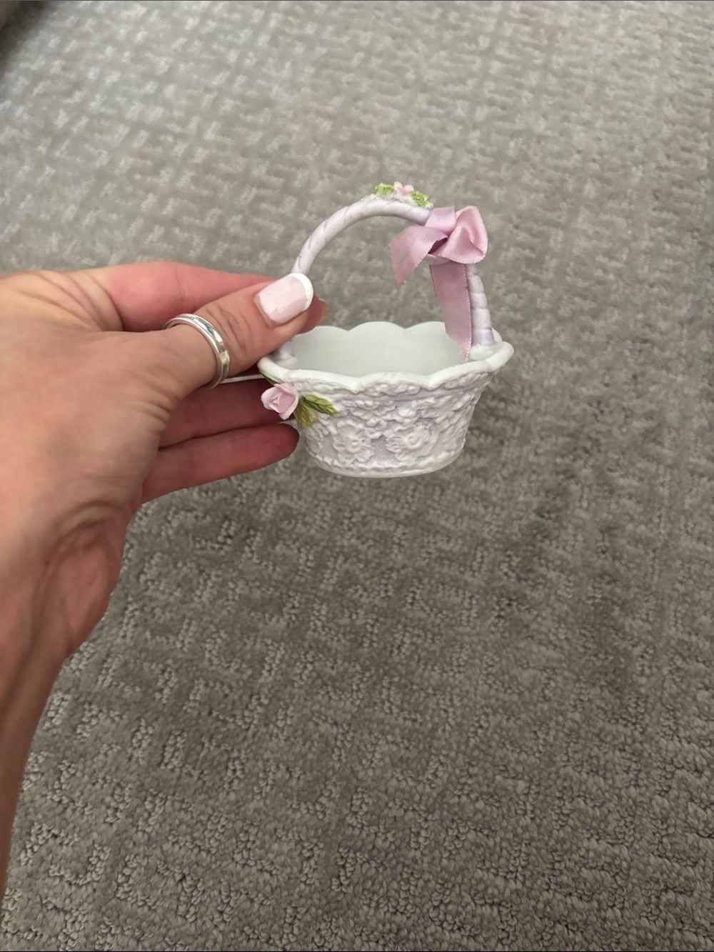 White Ceramic Mini Basket with Pink Ribbon Accent